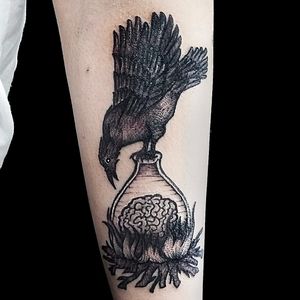 Corvo por Paula Rueda! #PaulaRueda #tatuadorasbrasileiras #tattoobr #tattoodobr #tatuadorasdobrasil #corvo #raven #crawl #brain #cerebro