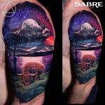 A Buffalo and a starry night tattoo by Saga Anderson @inkbysaga #SagaAnderson #InkbySaga #Realistic #Galaxy #Cosmic #Universe #Stars #Planets #Buffalo #Realismclub