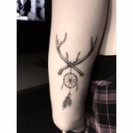 Antler tattoo by Eddie Lee. #antler #horn #deer #blackandgrey #dreamcatcher #dreamcatchertattoo