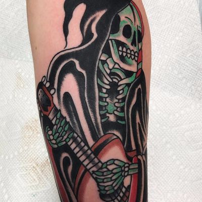 Guitar Playin Reaper tattoo by Mike Fite #MikeFite #color #traditional #reaper #grimreaper #death #skull #bones #skeleton #guitar #musictattoo #tattoooftheday