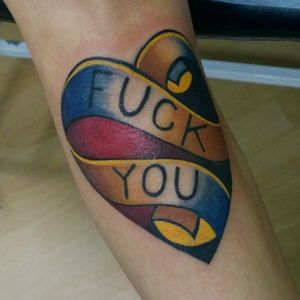 Fuck You in the Heart Tattoo by Elena Surovaya @Elena_Surovaya #ElenaSurovayaTattoo #Russia #Neotraditional #Heart #FuckYou #FuckYouTattoo