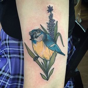 Blue tit and flowers tattoo by Lydia Hazelton. #neotraditional #bird #bluetit #bluetitbird #flowers #LydiaHazelton