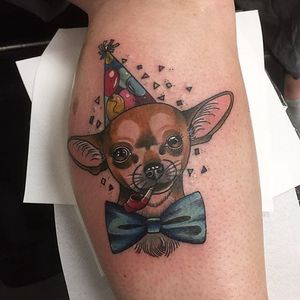 This chihuahua is ready to party! Tattoo by @michelle_tattooer. #chihuahua #traditional #neotraditional #party #michelle_tattooer
