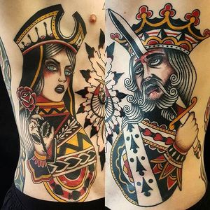 King and Queen Tattoo by Jesper Jørgensen #kingandqueen #kingandqueentattoo #traditional #king #queen #traditionaltattoo #oldschool #oldschooltattoo #darkart #darktraditional #JesperJorgensen