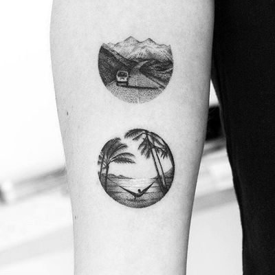 Micro tattoos made by Amanda Piejak #AmandaPiejak #blackandgrey #micro #dotwork #beach #palm #ocean #hammock #mountain #road #car #tattoooftheday