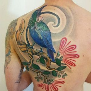 Bold and bight tui bird tattoo and pohutukawa flowers #kiwiana #bird #birdtattoo #tui #Pohutukawa #newzealand