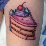 Piece of Cake tattoo by Joe Friedman #JoeFriedman #desserttattoos #color #newtraditional #cake #sprinkles #whippedcream #cherry #frosting #sweets #dessert #food #foodtattoo #cute
