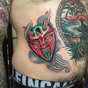 Demon head on the side of the stomach. Tattoo by Nick Mayes. #NickMayes #NorthSeaTattoo #traditionaltattoo #classictattoos #demon