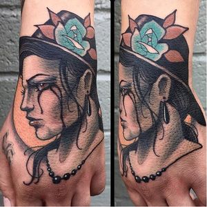 Hat lady hand jammer tattoo by Chris Primm. #neotraditional #newtraditional #ChrisPrimm #handjammer