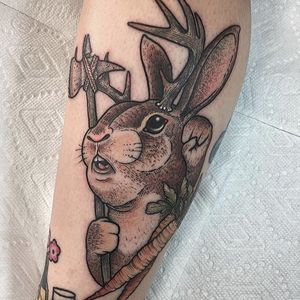 Jackalope tattoo by Kyle Stacher. #KyleStacher #jackalope #fable #imaginary #animal #antler #rabbit