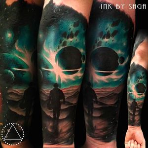 Spaceman silhouette and Galaxy Tattoo by Saga Anderson @inkbysaga #SagaAnderson #InkbySaga #Realistic #Galaxy #Cosmic #Universe #Stars #Planets #Spaceman #SpaceWanderer #Astronaut #Realismclub