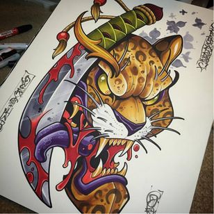 Este destello de jaguar y hoja es realmente genial Obra de arte de David Tevenal en Instagram #DavidTevenal #flash #illustration #colorwork #artist #blade #jaguar #newjapanese