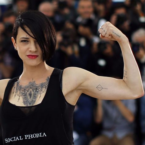 Actress and director Asia Argento at prestigious Cannes Festival showing her chestpiece by Marco Manzo. She added a hip tattoo and two elegant half sleeves to her collection of Marco Manzo tattoos. #MarcoManzo #AsiaArgento #CannesFestival