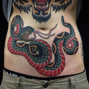 Snake Tattoo by Jarrad Serafin #Snake #SnakeTattoo #StomachTattoos #StomachTattoo #Stomach #JarradSerafin