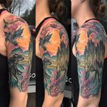 Abstract watercolor nature half sleeve by Whitney Havok. #abstract #watercolor #painterly #nature #bird #wolf #deer #jellyfish #woods #trees #WhitneyHavok