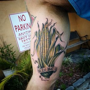 Neo traditional corn tattoo by Garrett Gentry. #neotraditional #corn #grain #vegetable #GarrettGentry