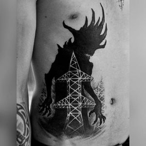 Massive shadow monster tattoo by Sergei Titukh. #SergeiTitukh #blackwork #creepy #nightmare #creature #spooky #dark #monster