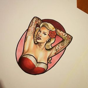 Tattooed pin-up model, Sabina Kelley illustration by Sophie Lewis. #neotraditional #illustration #SophieLewis #SabinaKelley