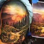 A realistic mountain landscape with the sun rising overhead by Jesse Rix (IG—jesse_rix). #color #JesseRix #realism #sun