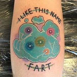 Fart tattoo by Bill Richards #BillRichards #rickandmortytattoos #rickandmorty #adultswim #color #cartoon #newtraditional #fart #gas #text #quote
