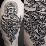 Intense snake woman tattoo by Cutty Bage #CuttyBage #sketch #sketchstyle #blackwork #snake