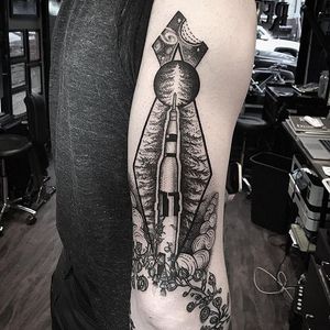Rocket tattoo by hiralupe on Instagram. #rocketship #space #dotwork