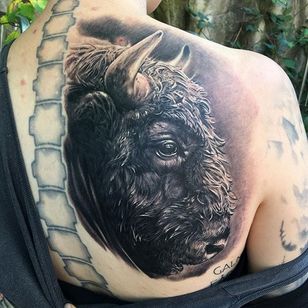 Tatuaje de bisonte por Ben Kaye #bison #realism #blackandgrey #blackandgreyrealism #retrato #BenKaye