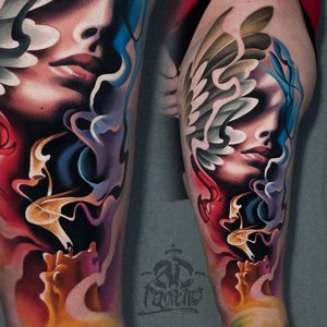 Smoke and lips by Alex Pancho #ad_pancho #AlexPancho #color #smoke #candle #wings #lady #lips #realism #realistic #hyperrealism #surreal #tattoooftheday
