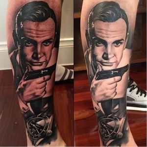 Fresh versus healed - James Bond portrait tattoo by Benjamin Laukis. #blackandgrey #realism #portrait #healed #JamesBond #BenjaminLaukis