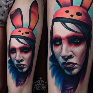 Marilyn Manson tattoo by Alex Pancho. #AlexPancho #MarilynManson #paleemperor #music #band #goth #alternative #metal #dark #portrait #colorrealism