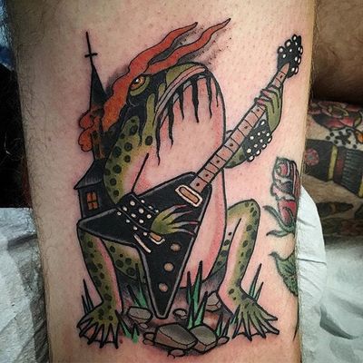 Frog by Civ #Civ #color #frog #guitar #church #flame #tattoooftheday
