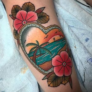 Beach tattoo by Cory Connel. #beach #summer #paradise #ocean #vacation #getaway #heart