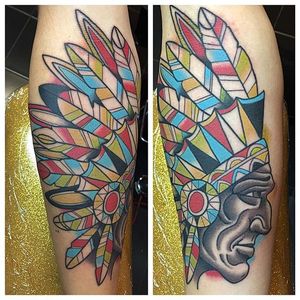Chieftain head tattoo by Pat Bennett #chief #warbonnet #color #colorful #solid #PatBennett