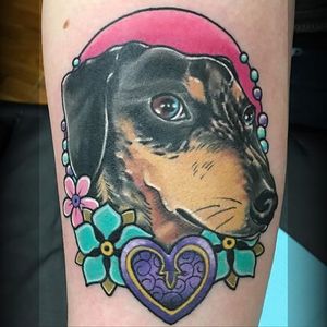 Colorful neo traditional dachshund tattoo by Erikka James. #flowers #heart #dog #dachshund #neotraditional #ErikkaJames