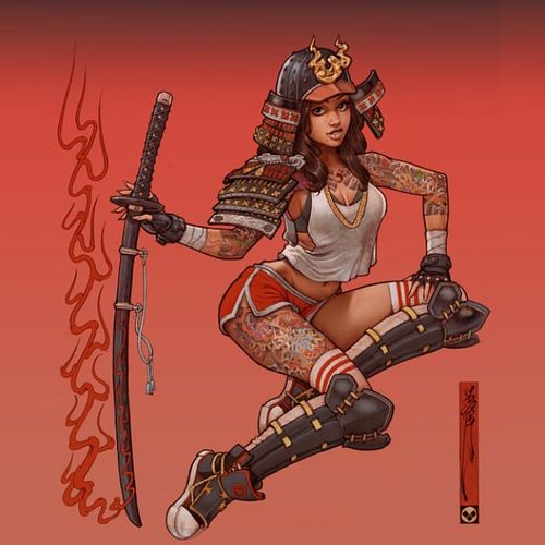 Badass tattooed pin up illustration by Deseo. #Deseo #illustrator #tattooart #tattooedwomen #pinup #badasswomen #badass #drawing #pinupgirls #women #warrior #japanese