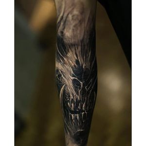 Freehand creepy animal tattoo by David Jorquera. #blackandgrey #realism #surrealism #horror #creepy #DavidJorquera #freehand #animal