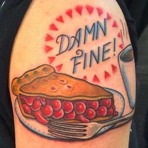 Twin Peaks cherry pie + coffee tattoo by Isaac Bushkin (via IG -- isaac_bushkin) #isaacbushkin #twinpeaks #twinpeakstattoo