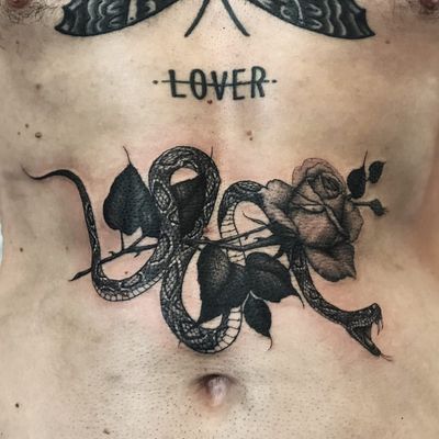 Rose and reptiles. Tattoo by Kane Trubenbacher #kanetrubenbacher #snaketattoos #blackandgrey #snake #reptile #rose #floral #flower #leaves #nature #animal