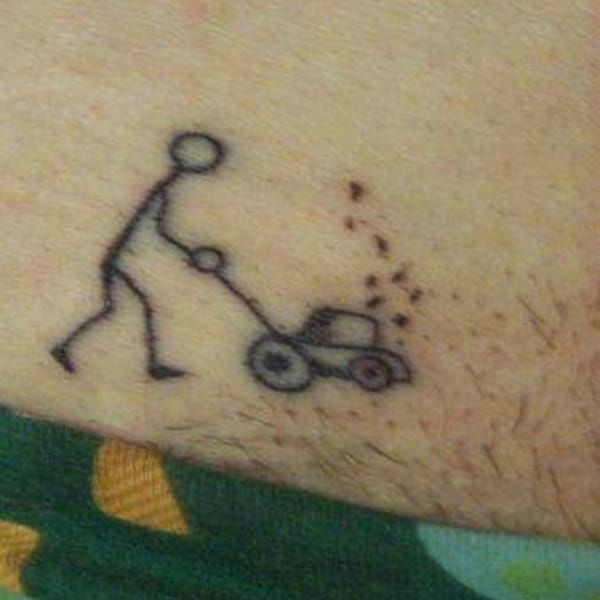 This guy has a sense of humor about balding Its a stick man pushing a lawn  mower tattooIts great  Stick man Guys Lawn mower tattoo