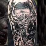 Glitch Evil Dead tattoo by Max Amos. #MaxAmos #blackwork #glitch #pointillism #dotwork #evildead #horror #film #zombie