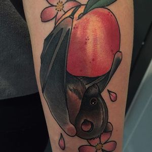 Neo trad fruit bat tattoo by Lauren Jayne Gow. #neotraditional #flower #fruit #bat #fruitbat #LaurenJayneGow