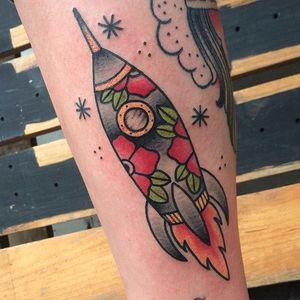 Rocket tattoo by Wes Thomas. #rocketship #space #traditional #WesThomas