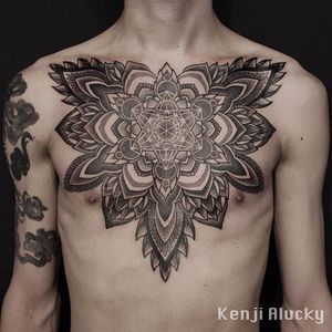 Kenji Alucky's (IG—black_ink_power) badass chest-piece mandala. #blackwork #geometric #KenjiAlucky #mandal #ornate