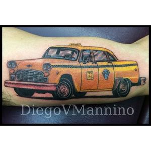 Classic yellow taxi tattoo by Diego V. Mannino #DiegoVMannino #taxitattoo #colortattoo #taxi #cab #yellowtaxi