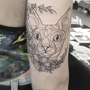Sphynx Cat Tattoo by Eloise Entraigues #sphynxcat #linework #blacklinework #contemporary #illustrative #EloiseEntraigues