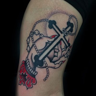 Hand holds cross tattoo by Katie Gray #KatieGray #blackandgrey #color #redink #hand #cross #rosary #pearls #nails #traditional #Japanese #mashup #mudra #chain #pattern