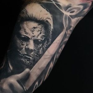 Michael Myers tattoo by Edgar Ivanov. #realism #Halloween #MichaelMyers #blackandgrey #blackandgreyrealism #EdgarIvanov
