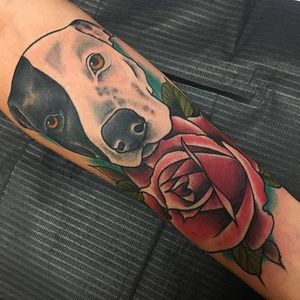 Pit bull and rose tattoo by Nate Corder. #neotraditional #rose #redrose #dog #pitbull #NateCorder