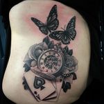 Realism by Steve Morante (IG—steve_h_morante), featuring playing cards, a pocket watch, and nature.  #blackandgrey #butterflies #playingcard #pocketwatch #realism #roses #SteveMorante #versatility