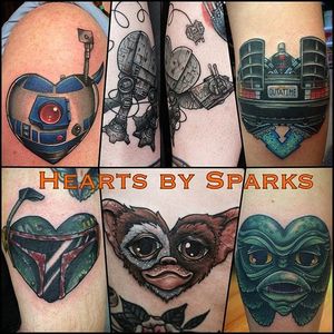 Character heart tattoos by Chris Sparks. #heart #popculture #movies #characters #ChrisSparks